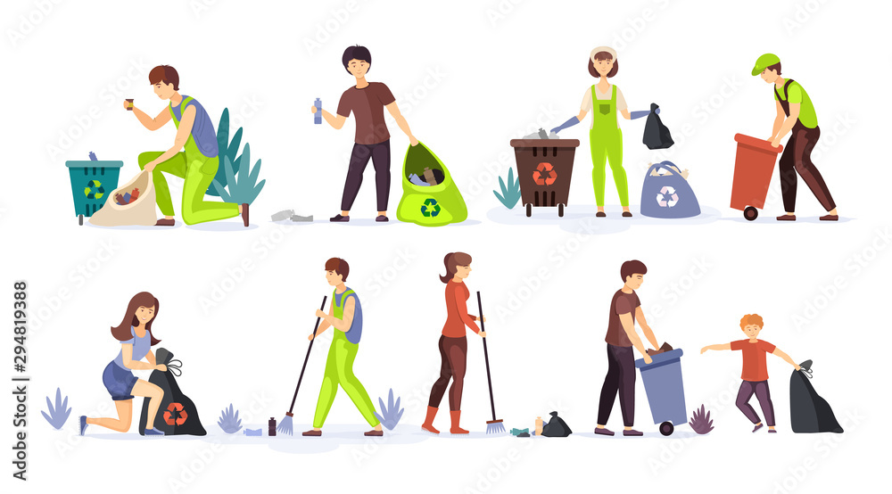 People collect garbage, plastic waste for recycling. Volunteers clean up household wastes raking sweeping put trash in bags and trash cans. Saving and protecting the environment from pollution vector