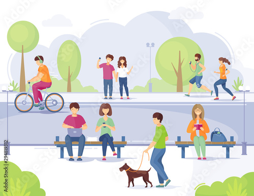 People on urban street. People with bicycles in city park, walking on the street, photography selfie, running, talk phone, listen to music. Lifestyle in the era mobile internet technology vector