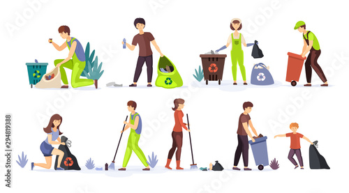 People collect garbage, plastic waste for recycling. Volunteers clean up household wastes raking sweeping put trash in bags and trash cans. Saving and protecting the environment from pollution vector