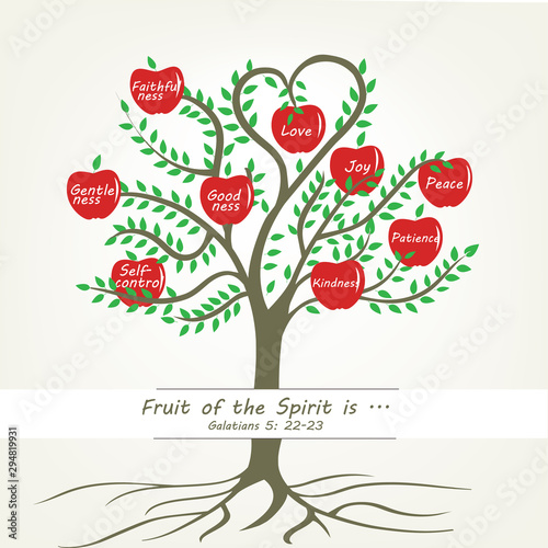 Word Fruits of the Spirit with tree and apple-Vector illustration photo