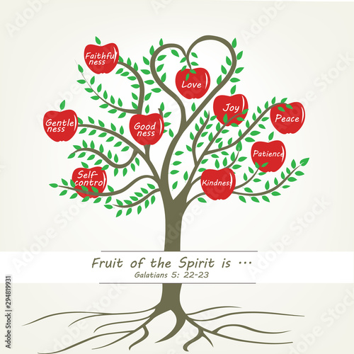 Word Fruits of the Spirit with tree and apple-Vector illustration
