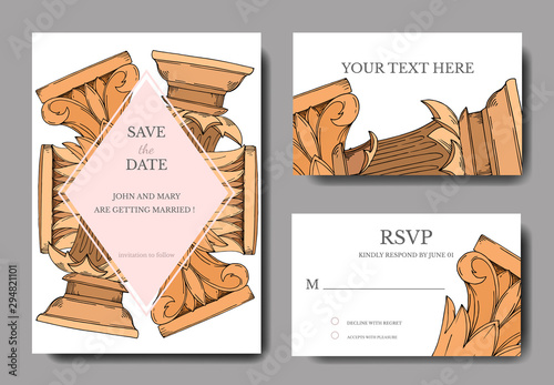 Vector Antique greek columns. Black and white engraved ink art. Wedding background card decorative border.