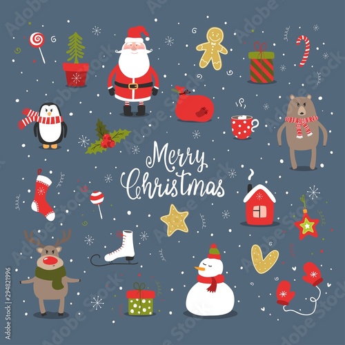 Set of christmas and happy new year items. Vector illustration.
