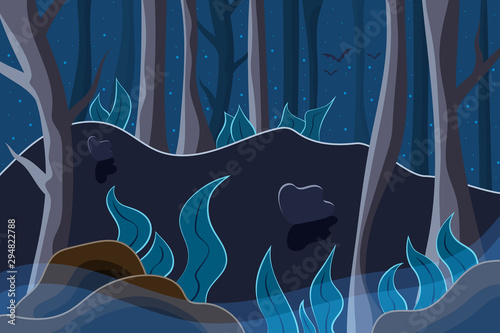 Nature at night. Beautiful forest with bat. Outdoor vector illustration design. Beautiful landscape.