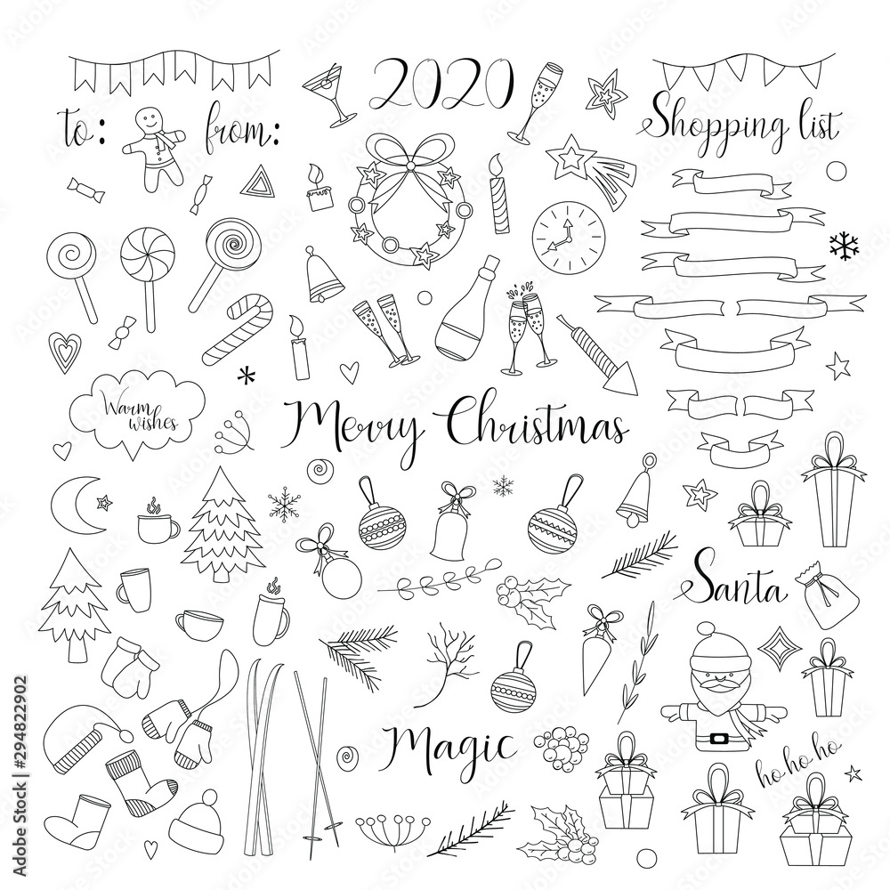 Merry Christmas black and white set. Hand drawn poster with doodle Christmas elements. Coloring book page. Vector illustration 