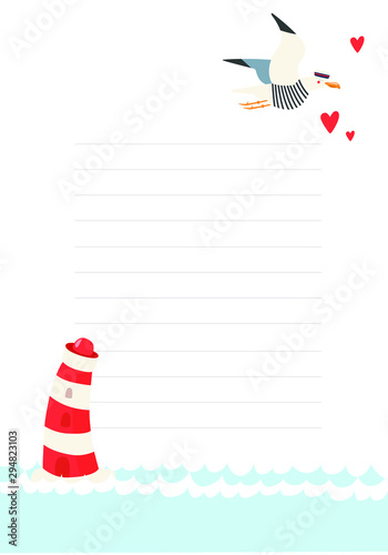 Vector sea background for scrapbook. Seagull, sea, lighthouse.