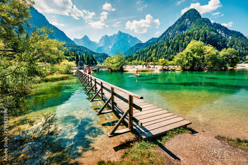 Fototapeta Naklejka Na Ścianę i Meble -  Amazing morning view of Jasna lake. Attractive summer scene of Julian Alps, Gozd Martuljek location, Slovenia, Europe. Wonderful landscape of Triglav National Park. Traveling concept background.