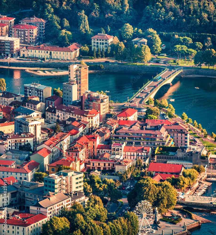 Obraz premium Colorful summer scene of Como lake. Aerial evening cityscape of Lecco town with central square, Italy, Europe. Traveling concept background.