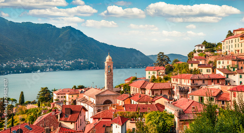 Colorful summer view of Como lake. Picturesque morning cityscape of Moltrasio town,  Province of Como, Lombardy region, Italy, Europe. Traveling concept background. photo