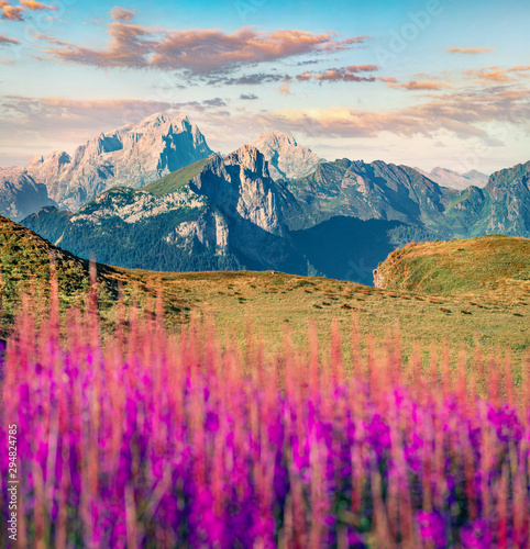 Marvelous morning view of Col di Lana mountain range from Giau pass. Picturesque summer scene of Dolomiti Alps, Cortina d’Ampezzo region, Province of Belluno, Italy, Europe. 