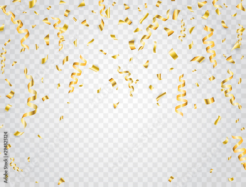 Golden confetti on transparent background. Falling shiny gold confetti. Bright golden festive tinsel. Party backdrop. Holiday design elements for Christmas, Birthday, Wedding. Vector illustration