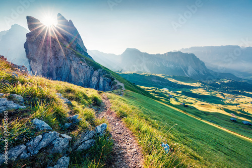 Bright morning view of Furchetta peak. Majestic summer scene of Funes Valley. Great sunset in Puez Odle National Park, Dolomiti Alps, Province of Bolzano, South Tyrol, Italy, Europe. photo