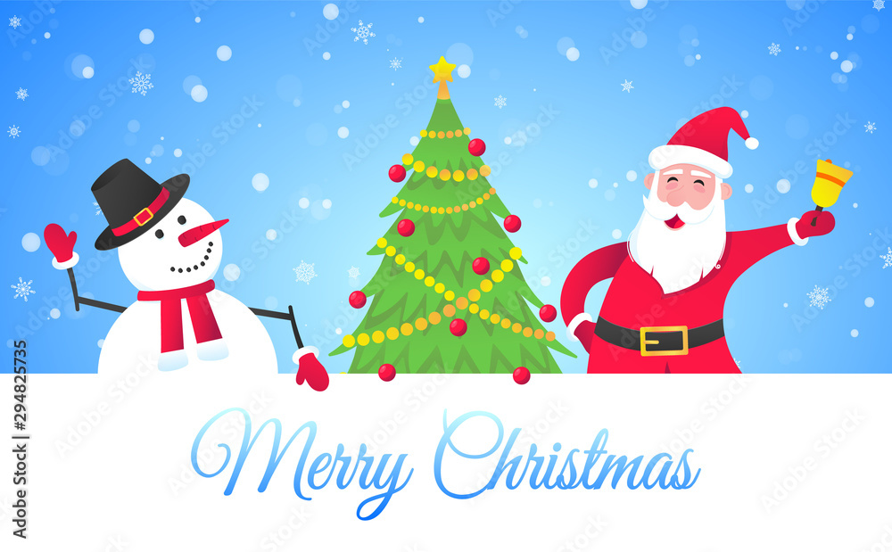 Santa Claus and snowman flat style design vector illustration postcard. Symbol of xmas holiday celebration isolated on bright snow background wish you a merry christmas and happy new year.
