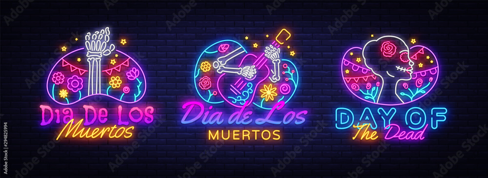 Day of the dead Neon signs set Vector. Dia de los moertos neon icons collection. Fiesta, holiday poster, party flyer, greeting card, design template, modern trend design. Vector illustration - obrazy, fototapety, plakaty 