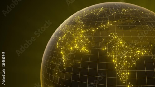 rotating yellow globe with glowing details of city and human population density areas. suitable for technology, future and science themes.3d animation loop