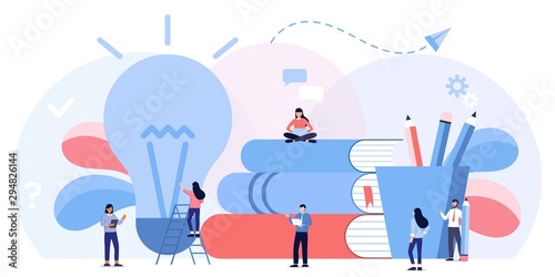 Online learning, choice of language courses, exam preparation, home schooling. Education, training courses and tutorials. Distance studying or e-learning. Flat illustration. Searching for new ideas