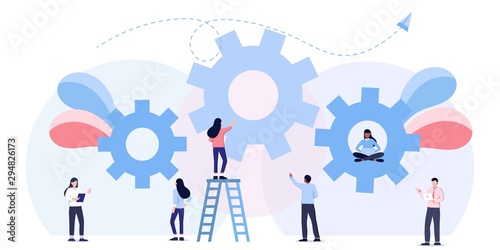 Team work business mechanism, gears, people are engaged in business promotion, strategy analysis, communication. leadership, direction to a successful path,career planning, career development