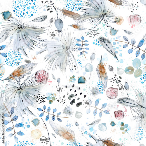 Vector seamless watercolor and ink abstract pattern of boho elements, feathers, shells, palm twigs, plants, spots and splashes. For cover, wrapping paper and over decor.