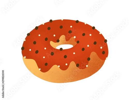 Doughnut flat vector illustration. Tasty donut decorated with chocolate icing isolated on white. Delicious pastry, traditional american snack. Baked dessert, yummy junk food design element.
