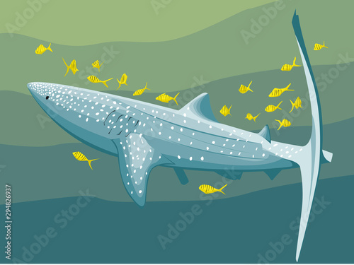 Requin baleine et ses poissons pilote jaune
