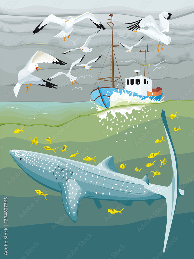 Pêcheur voguant sur un mer agité et au-dessus d'un requin baleine