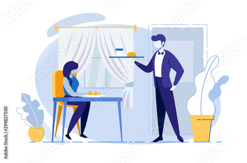 Woman Sitting at Table in Cafe Waiting Order.