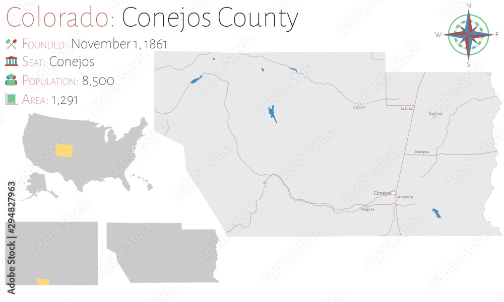 Large and detailed map of  Conejos county in Colorado, USA