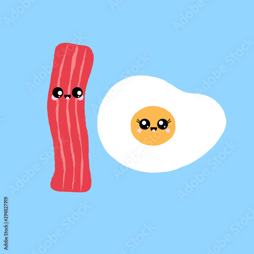 Vector illustration of a cute rasher of bacon and fried egg with happy faces. Funny food concept.