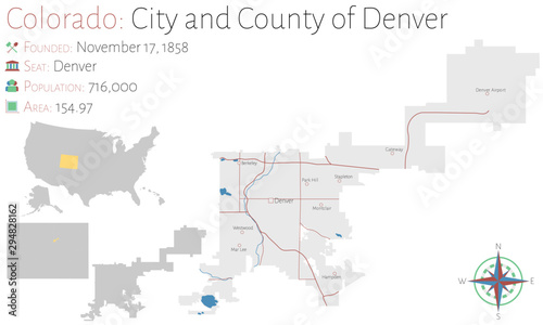 Large and detailed map of  city   county of Denver in Colorado  USA