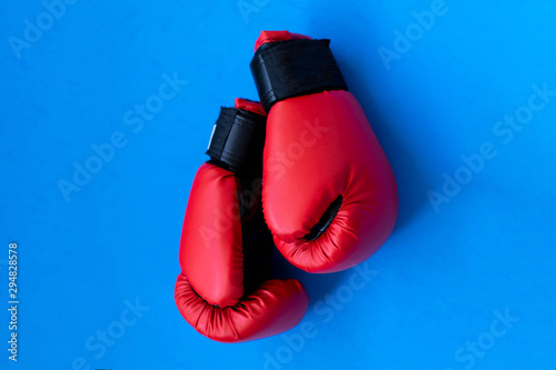 Red boxing gloves on a blue background © Elena