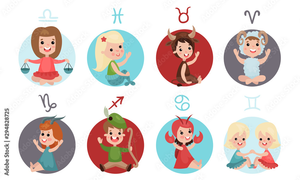 Vector Illustration Icons Set With Zodiac Signs For Kids Vector Illustration Icons Set With Zodiac Signs For Kids