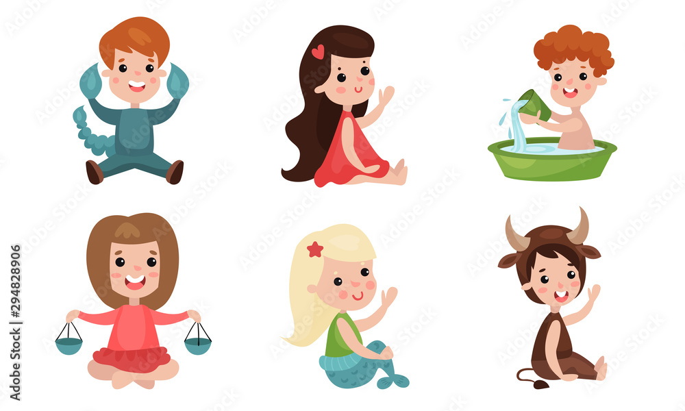 Zodiac Signs By Kids Vector Illustration Icons Set Isolated On White Background Zodiac Signs By Kids Vector Illustration Icons Set Isolated On White Background