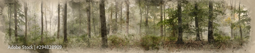 Digital watercolor painting of Panorama landscape image of Wendover Woods on foggy Autumn Morning.