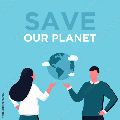 Caring for the planet Earth. Ecology. Save the planet. Man and woman holding the planet. little men prepare for the day of the Earth, save the planet, save energy, the concept of the Earth day
