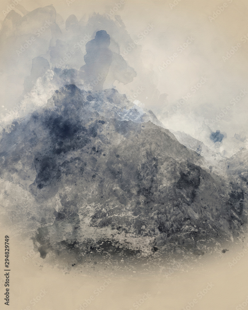 Digital watercolor painting of Stunning moody dramatic Winter landscape image of snowcapped Y Garn mountain in Snowdonia