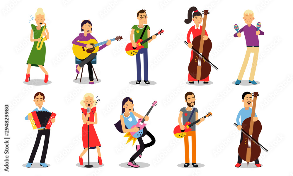Set With Musicians Playing Different Instruments Illustrations Isolated On White Backround