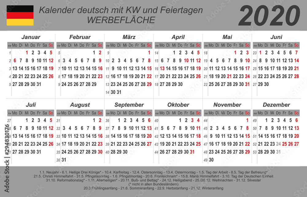 Obraz Kalender 2020 - grau - quer - deutsch - mit Feiertagen (85 x 54 mm)