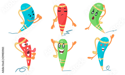 Set Of Cartoon Character Vector Illustrations Of Colorful Animated Pens
