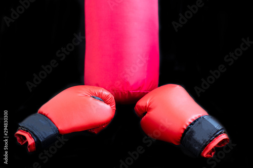 Red boxing gloves and a boxing bag for punches on a black background © Elena