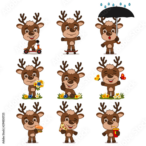 Set of funny reindeers in summer meadow and with fast food  isolated on white background