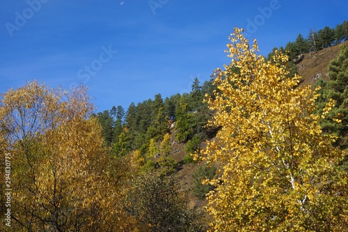 Pictures of the autumn forest, river, hills, sky.