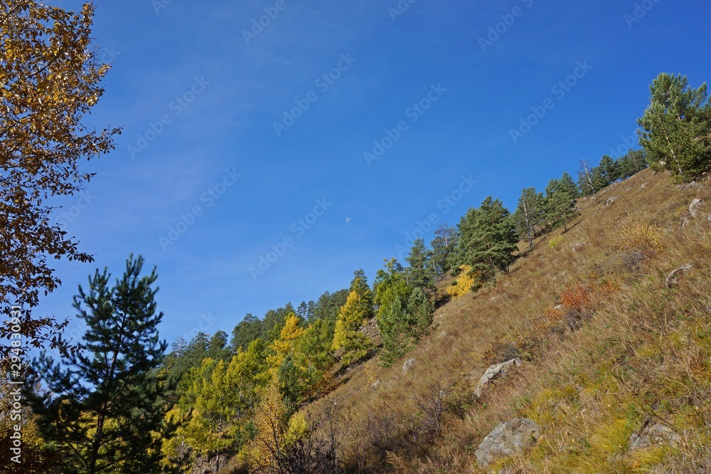 Pictures of the autumn forest, river, hills, sky.