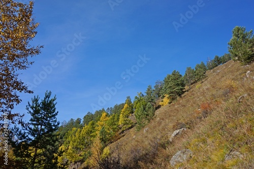 Pictures of the autumn forest, river, hills, sky.