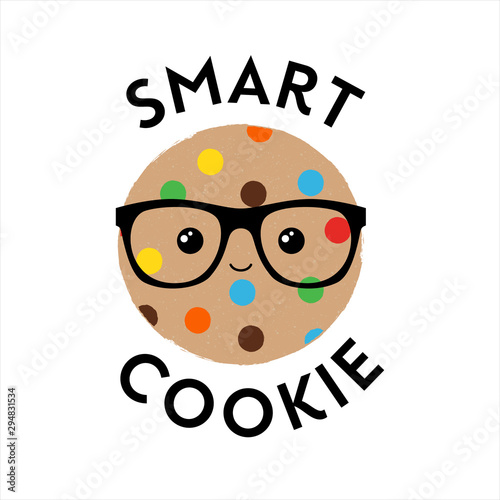 Vector illustration of a cute textured cookie biscuit with geeky glasses and a happy face. Smart Cookie. Cute food phrase.