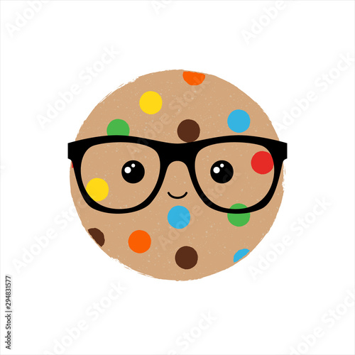 Vector illustration of a cute textured cookie biscuit with geeky glasses and a happy face. Smart Cookie. Cute food phrase.