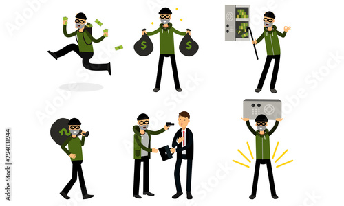 Burglar breaking safe with crowbar. Vector Illustration Set Of Cartoon Thief Character Isolated On White Background