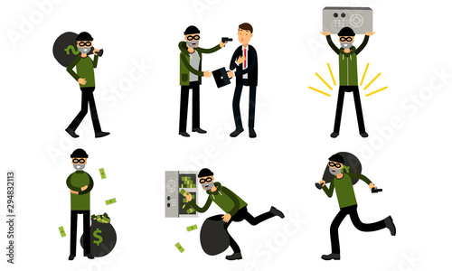 A thief is robbing a businessman with a briefcase. Vector Illustration Set Of Cartoon Burglar Character Isolated On White Background