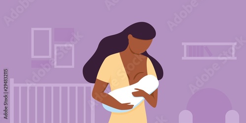 Afro woman breastfeeding her newborn baby in nursery room. Lactation. Breast feeding week, happy mother day clip art. Child drinks milk from the female breast. A children's room. Night