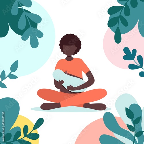 Afro woman breastfeeding her newborn baby in lotus pose in park. Lactation. Breast feeding week banner, happy mother day clip art. Child drinks milk from the female breast. Yoga mom, meditation