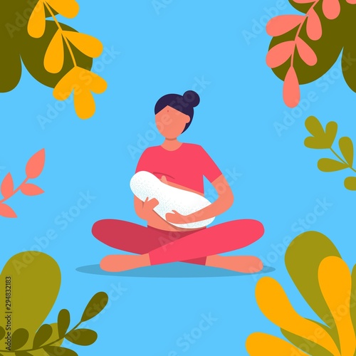 Indian woman breastfeeding her newborn baby in lotus pose in park. Lactation. Breast feeding week banner, happy mother day clip art. Child drinks milk from the female breast.